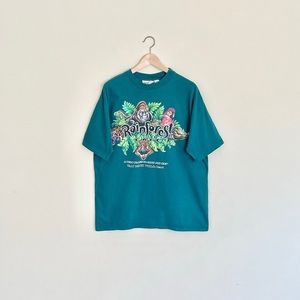 Vintage 90s Walt Disney World Rainforest Cafe Graphic Teal T Shirt Adult XL